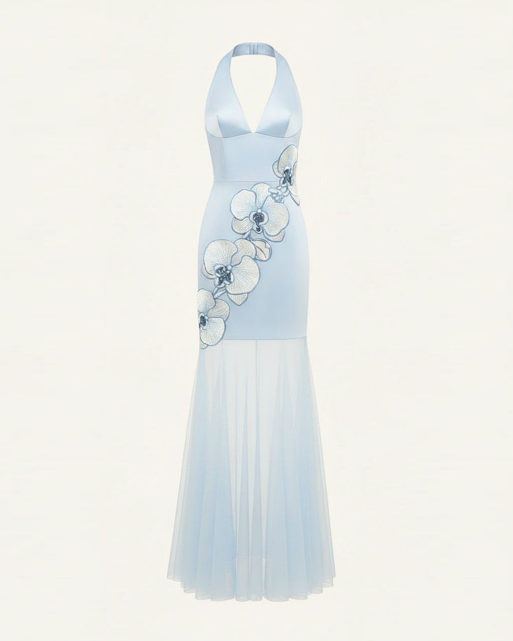Orchid Robe Longue Plissée Broderie Bords Effilochés Dos Nu - Bleu Clair