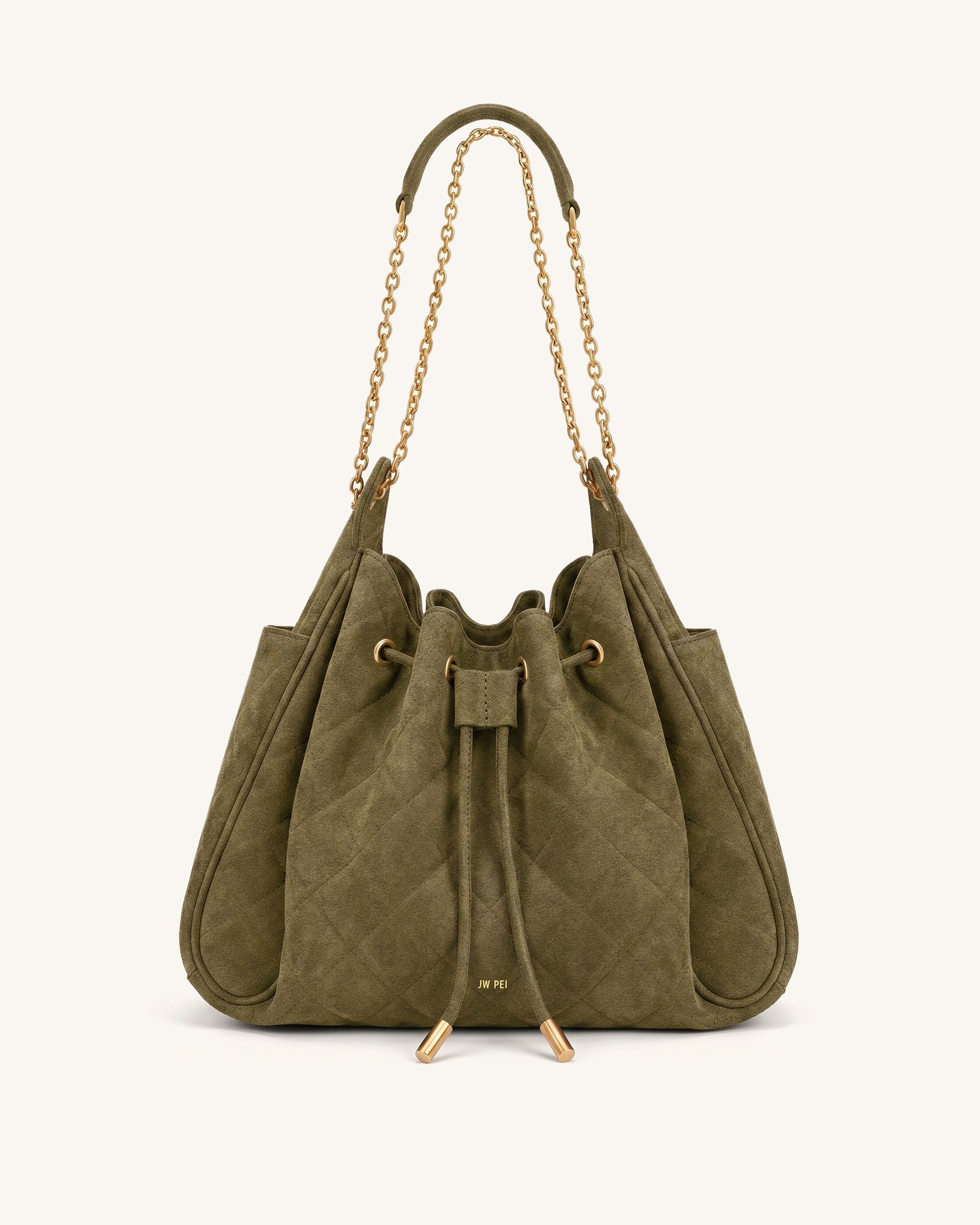Rowan Sac seau matelassé à chaîne en faux suède - Vert olive