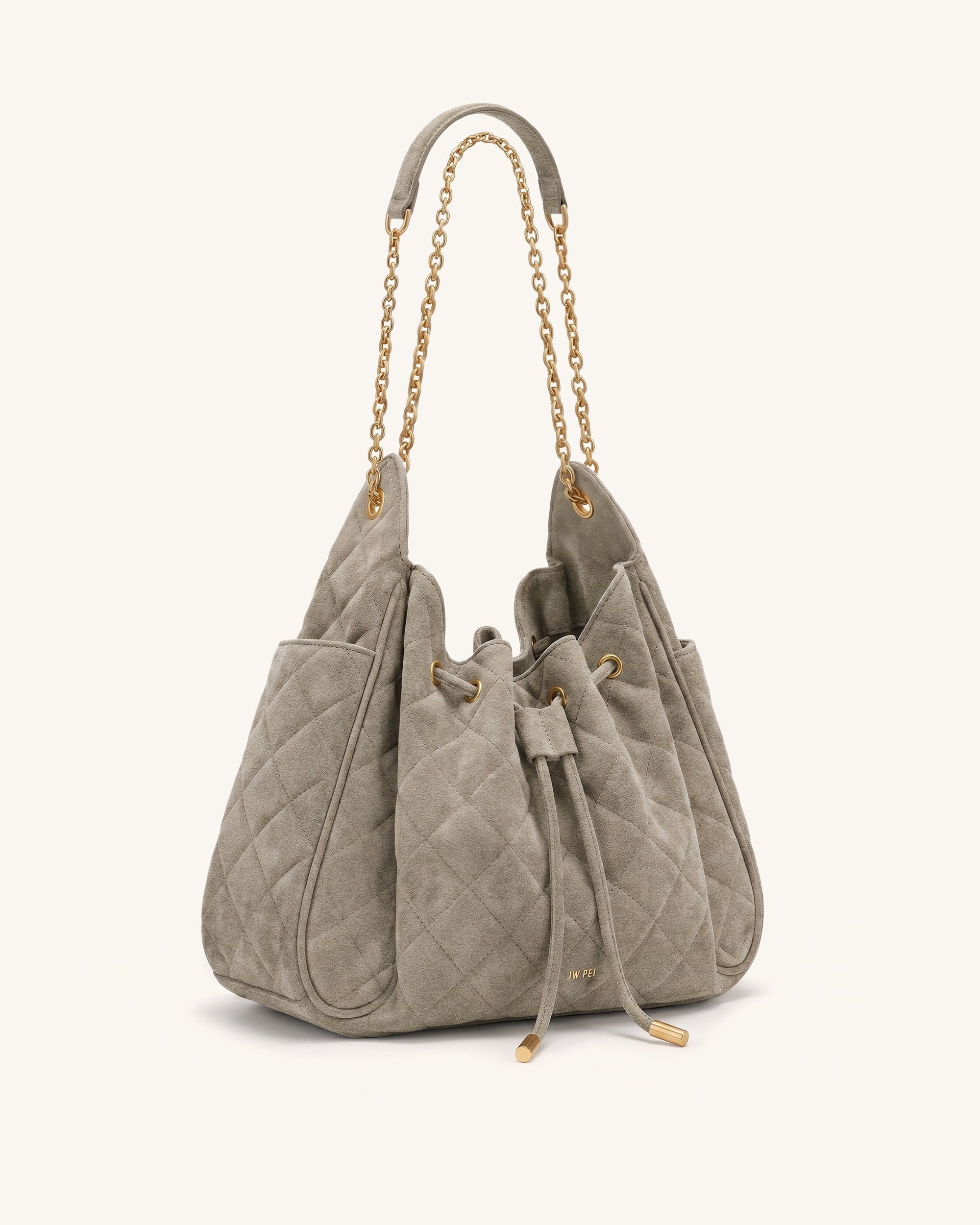 Rowan Sac seau matelassé à chaîne en faux suède - Gris