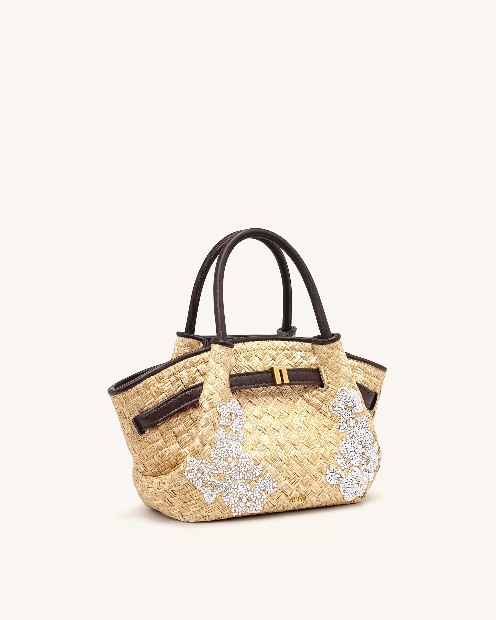 Mini sac cabas en fausse paille orné de perles Hana - Marron