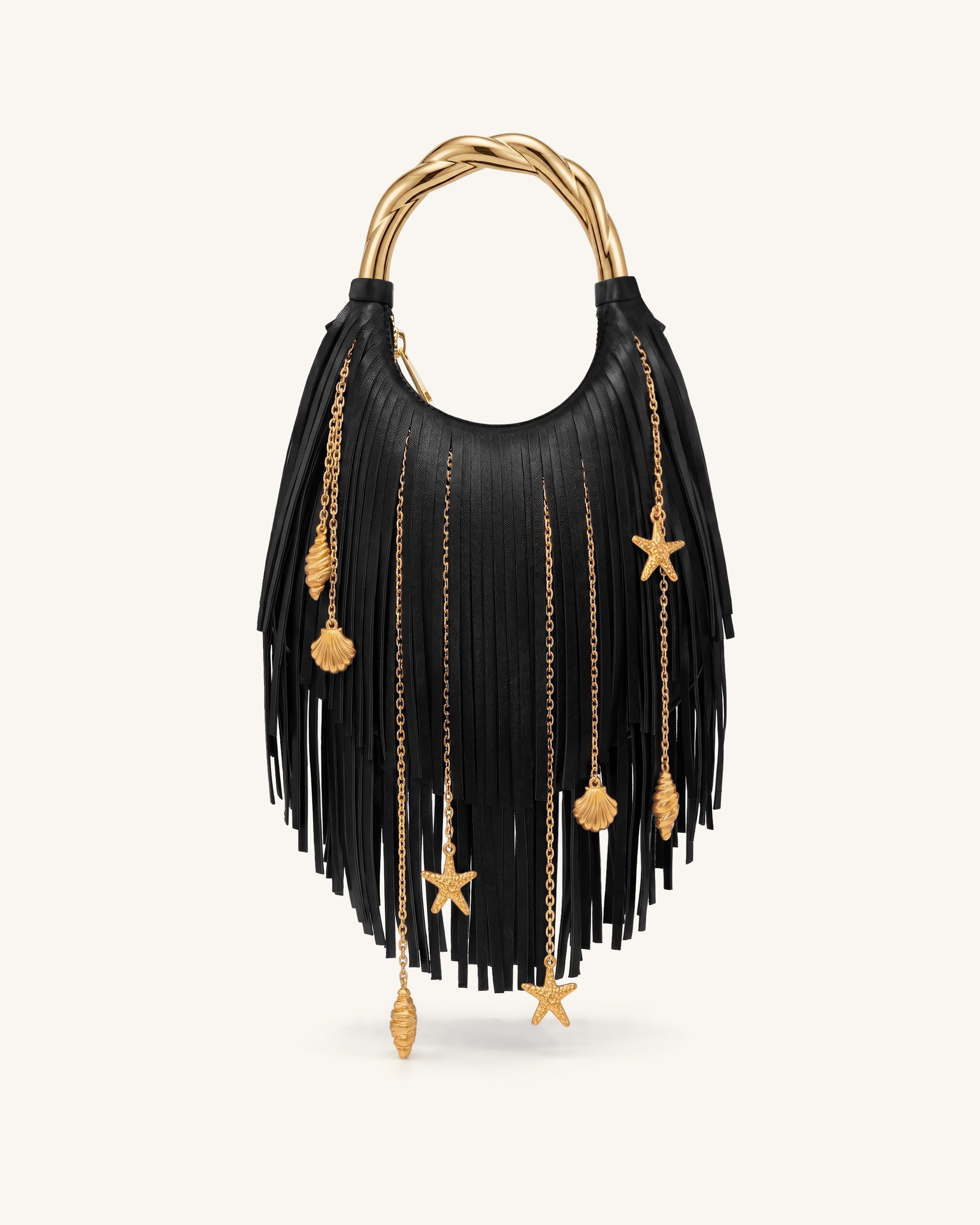 Chloe Sac à main à franges et poignée en métal - Noir