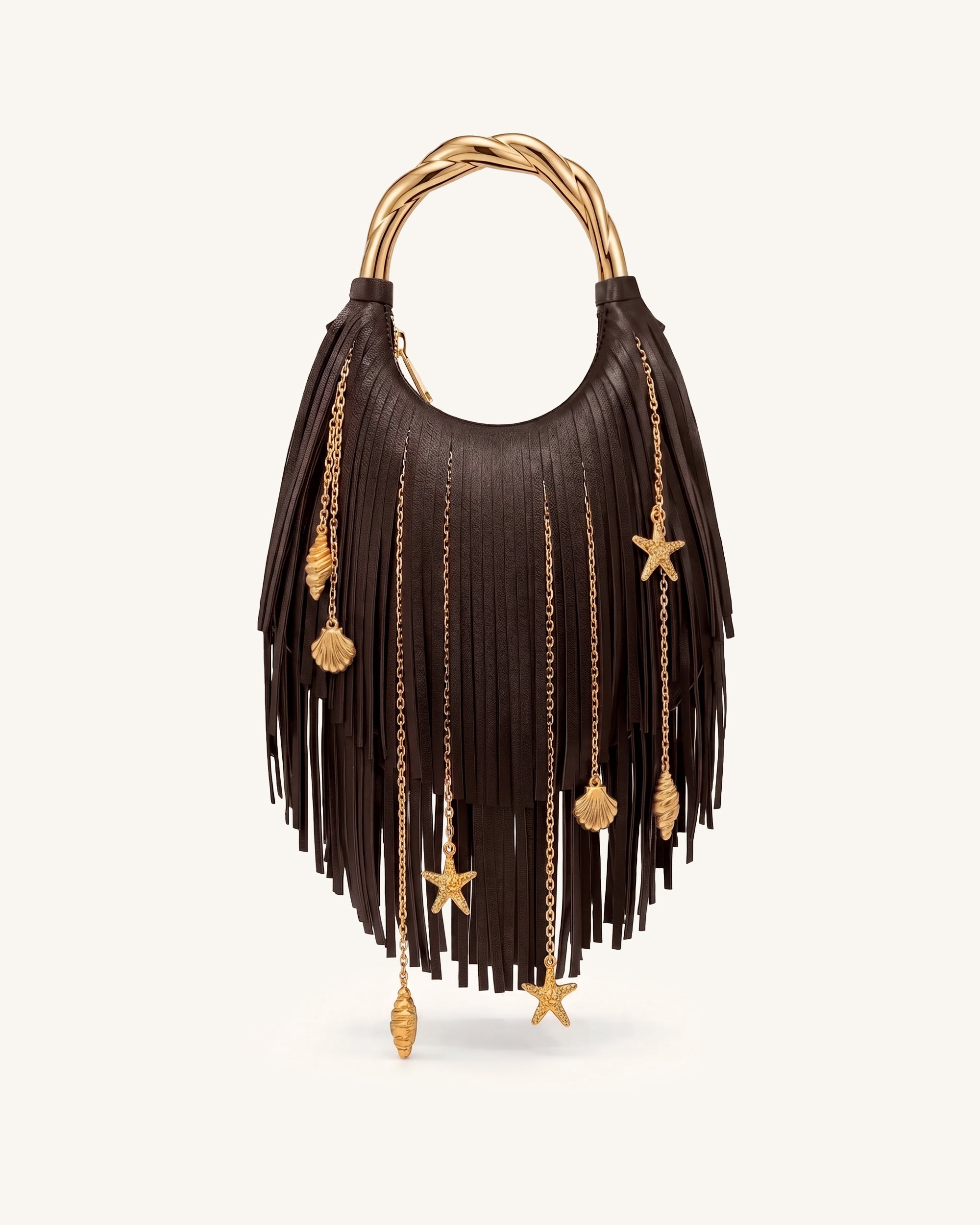 Chloe Sac à main à poignée en métal et franges - Marron foncé