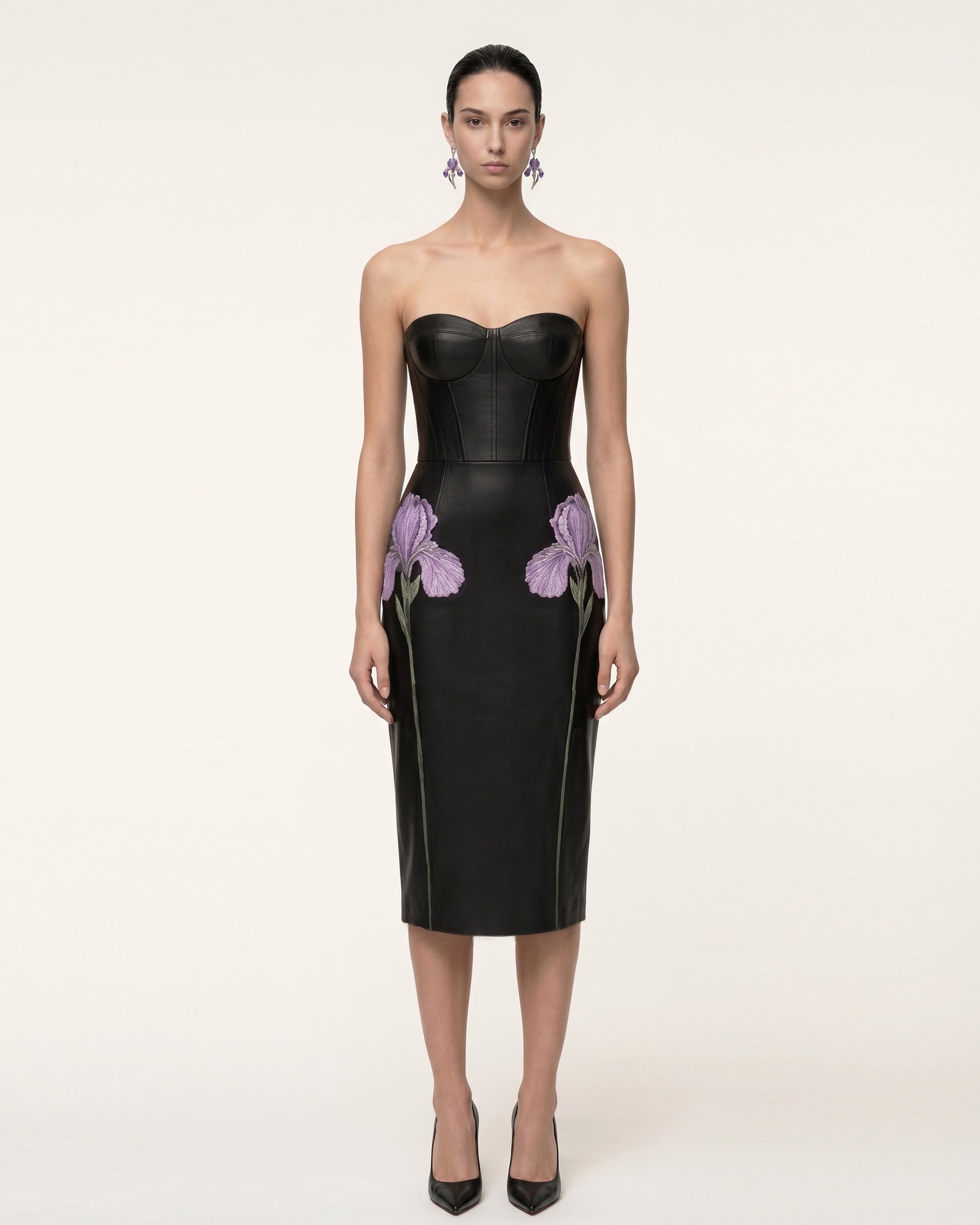 Iris Robe midi corset en cuir à imprimé floral - Noir