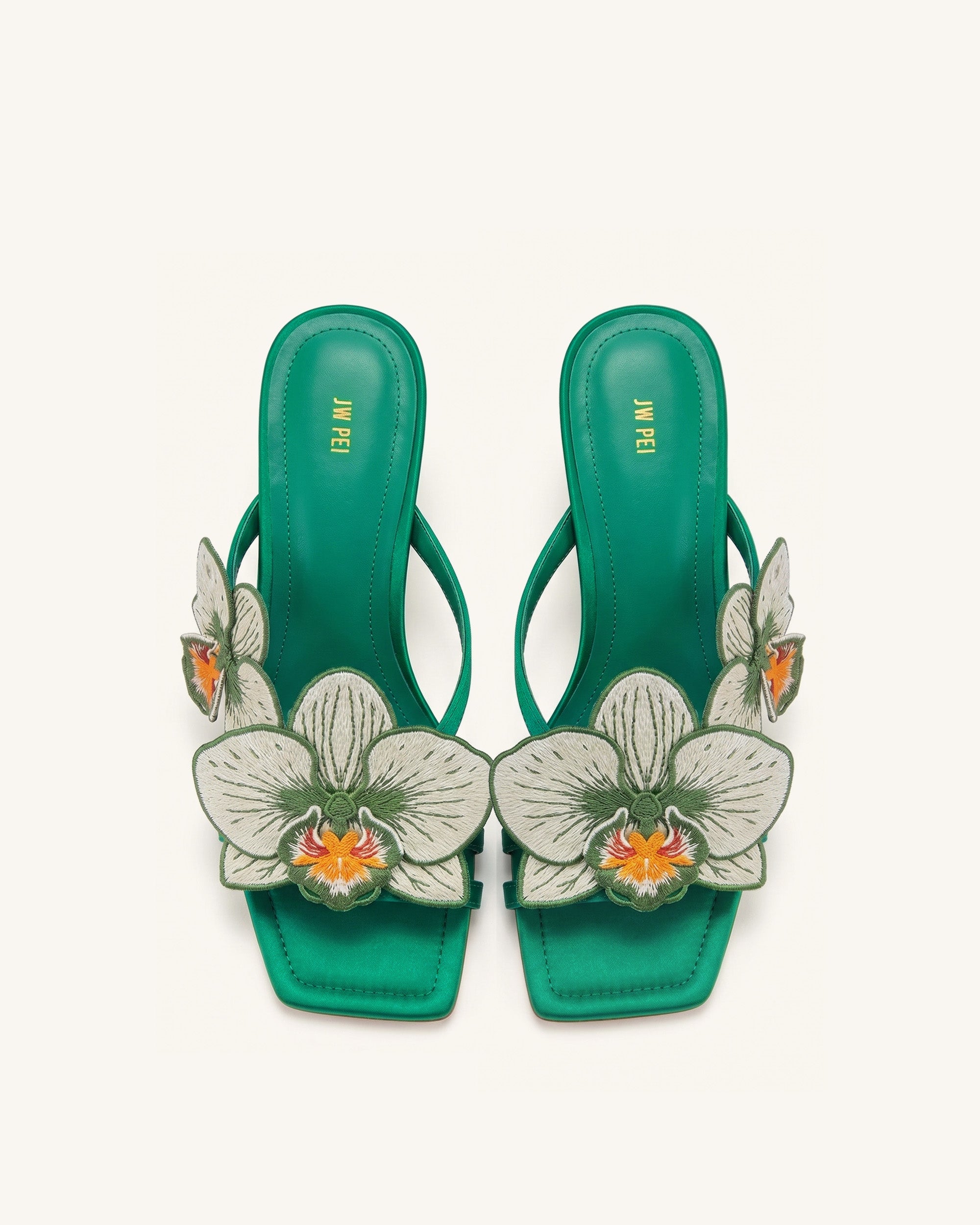 Serena Sandales à talons avec bague d'orteil et broderie d'orchidée - Vert émeraude