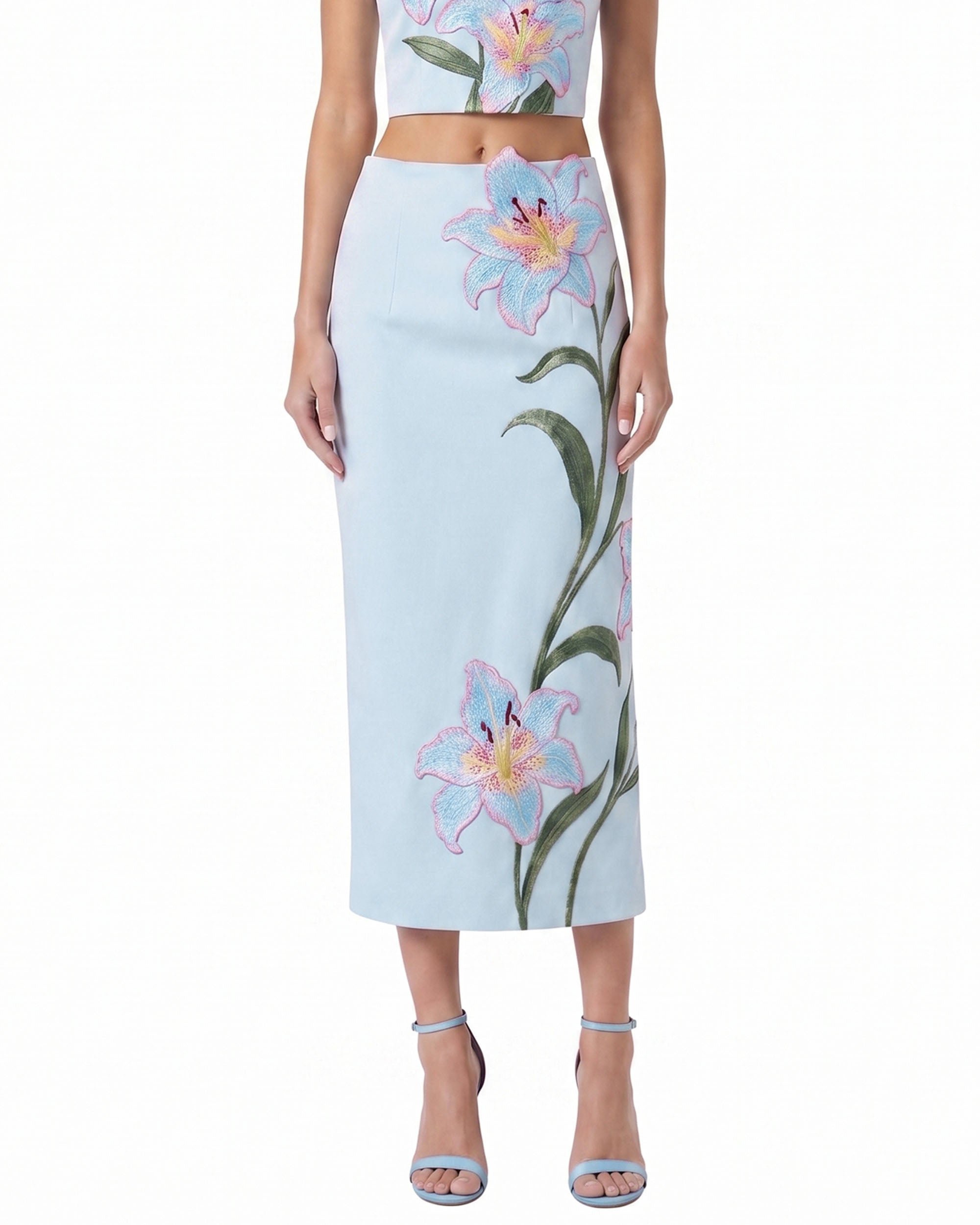 Lily Jupe crayon mi-longue taille haute brodée de fleurs - Bleu clair