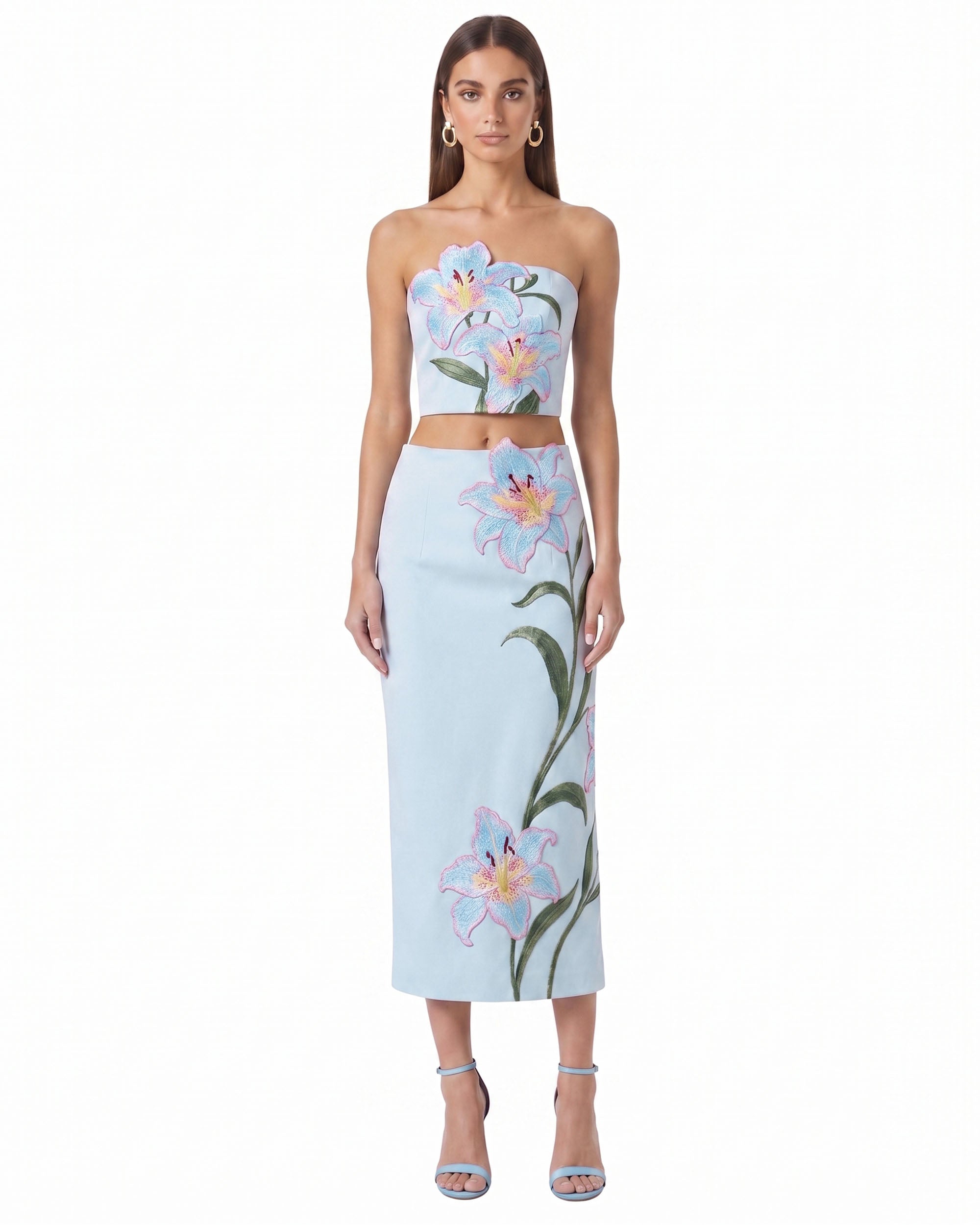 Lily Jupe crayon mi-longue taille haute brodée de fleurs - Bleu clair