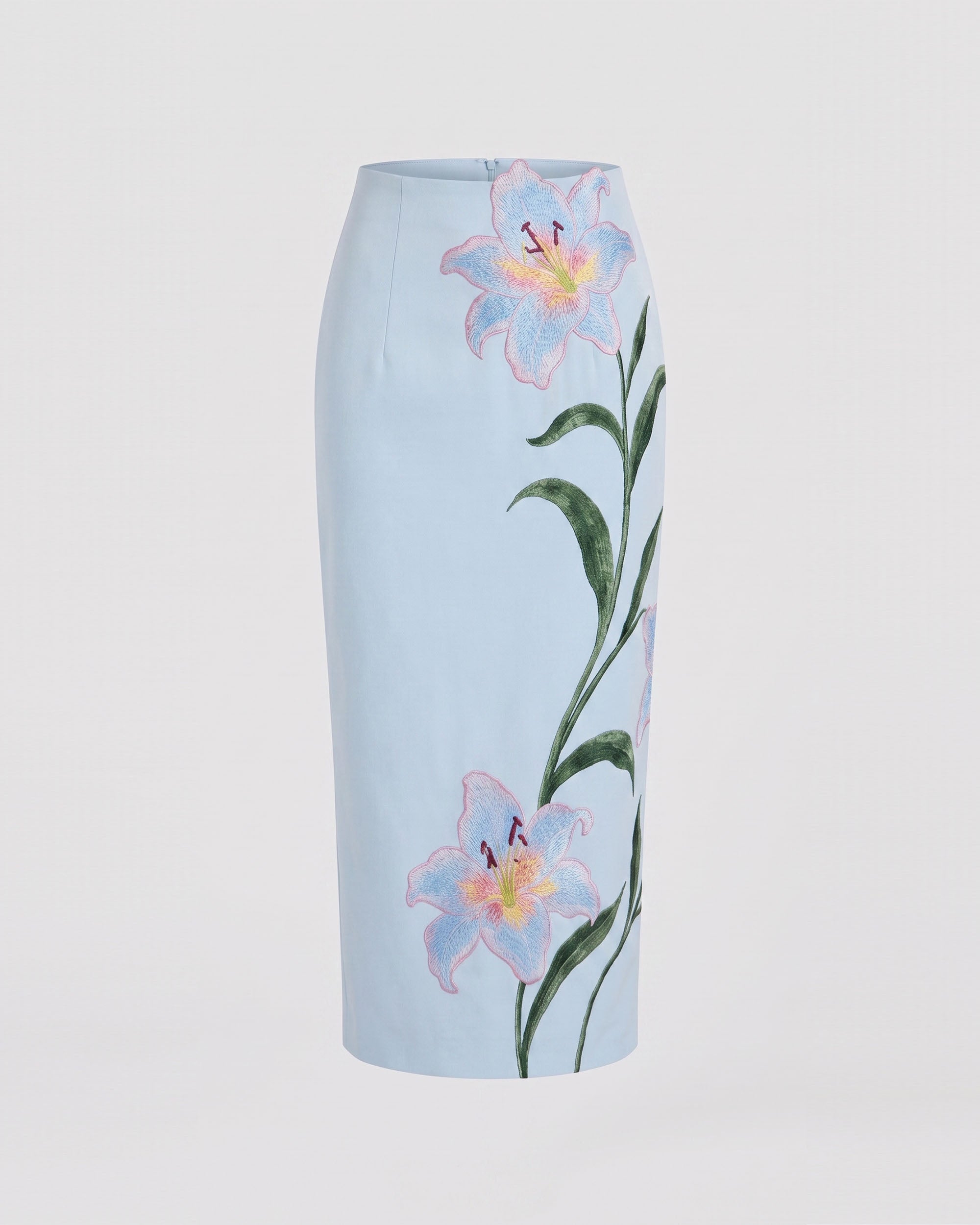 Lily Jupe crayon mi-longue taille haute brodée de fleurs - Bleu clair