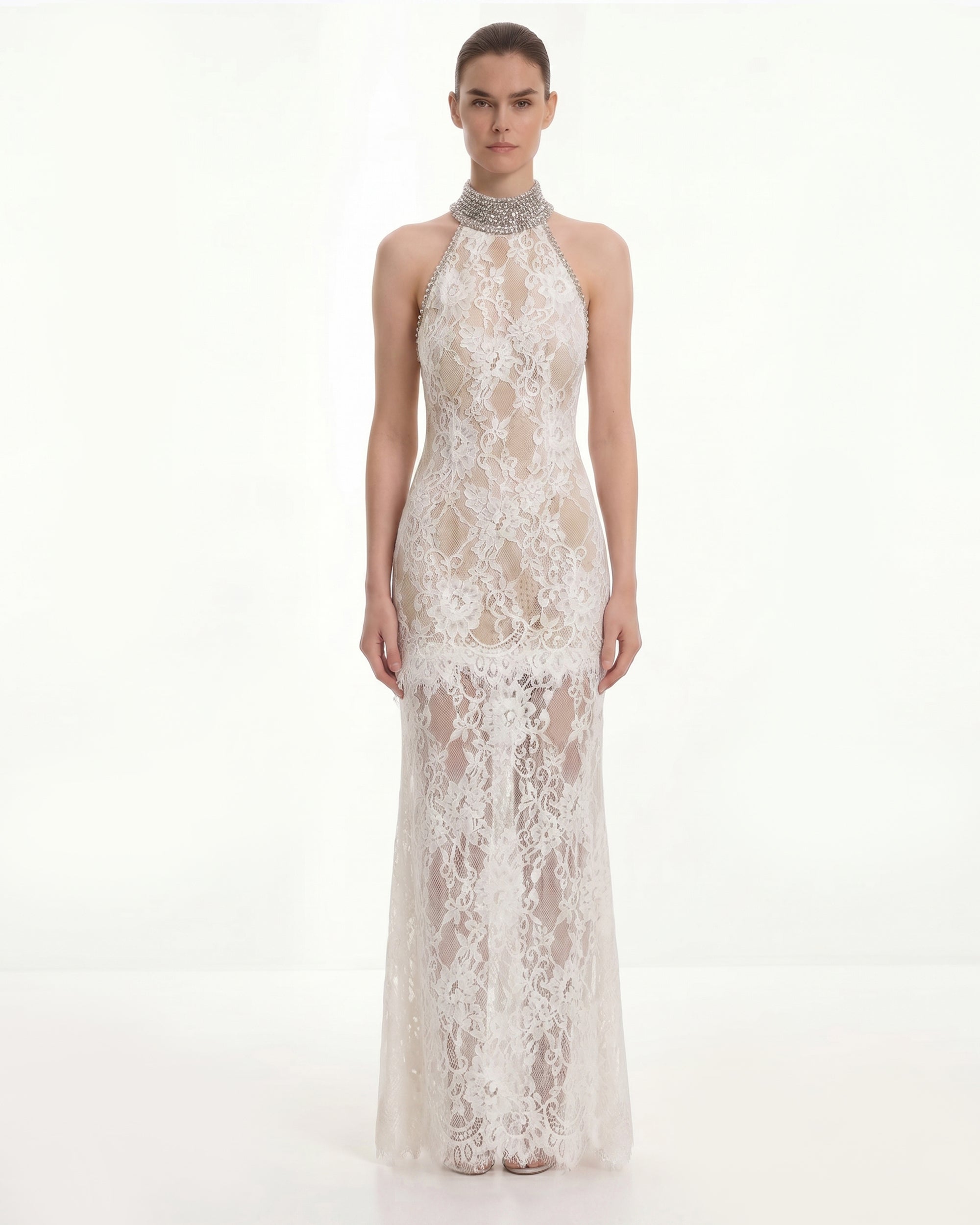 Robe dos nu en dentelle ornée de bijoux - Blanc