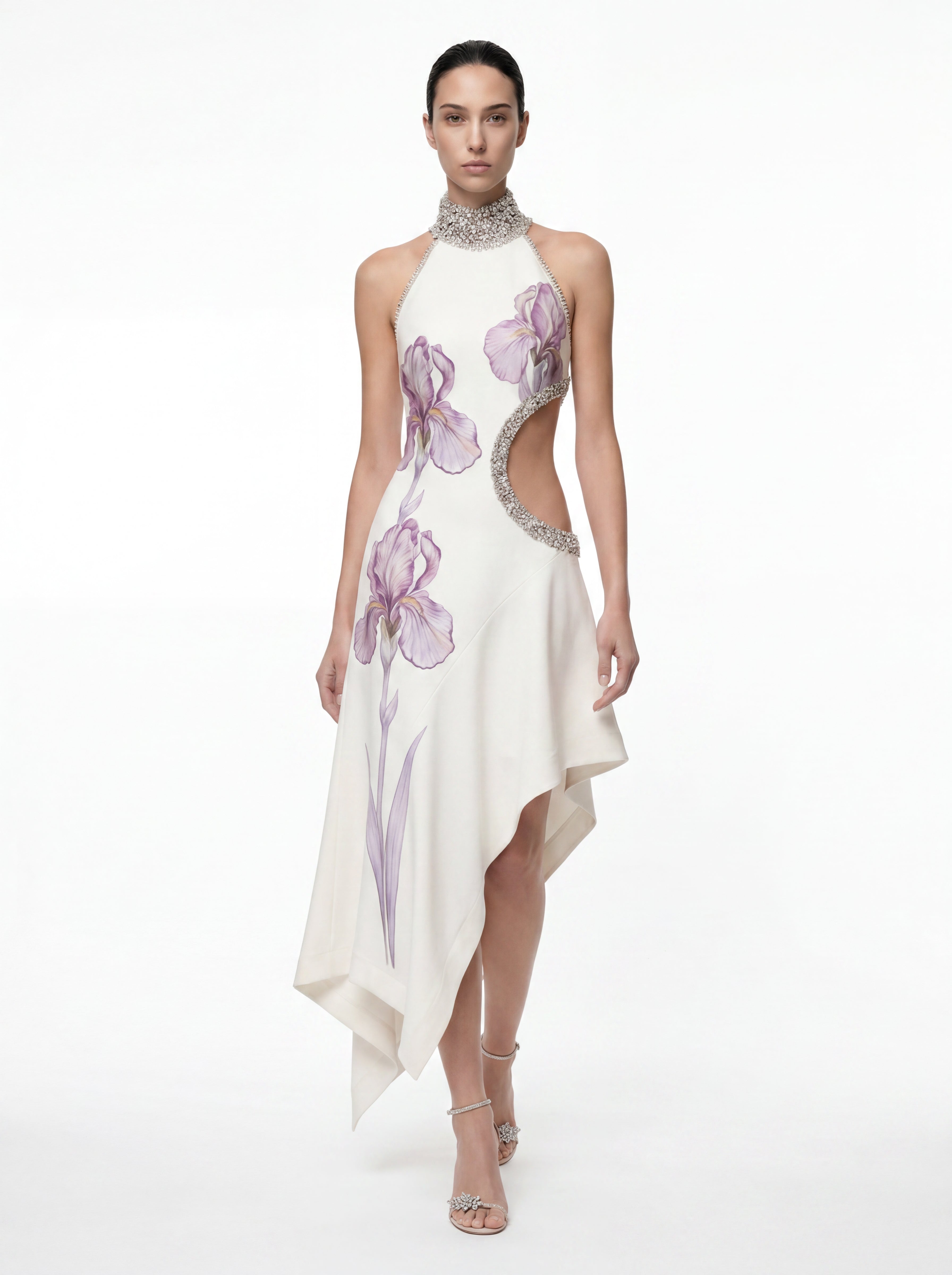 Robe à col montant ajourée avec ornements bijoux Floral - Blanc