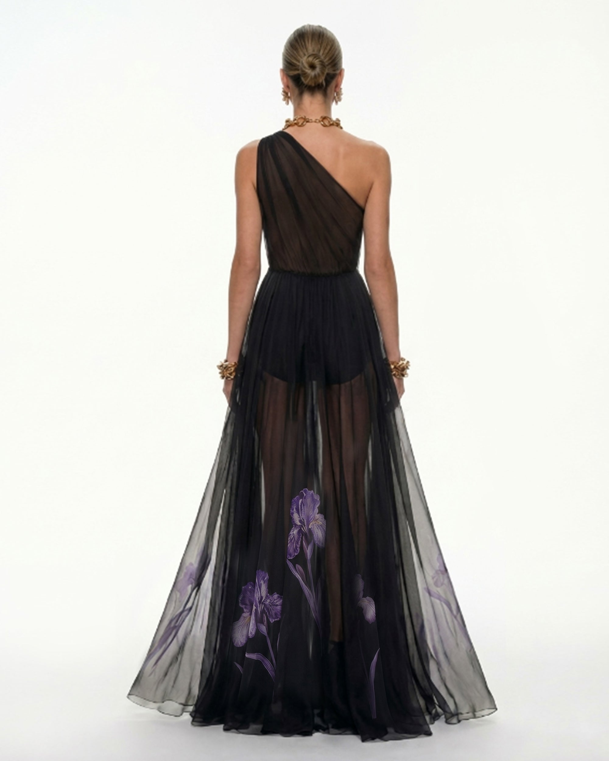 Robe maxi fleurie à une épaule - Noir