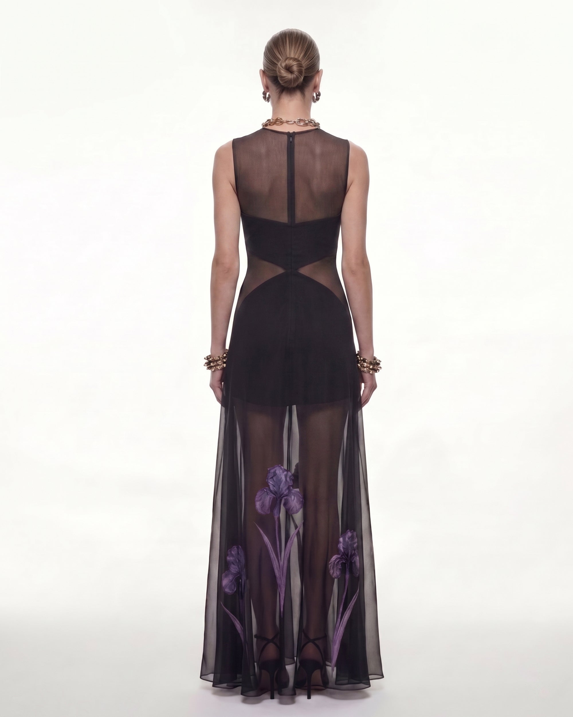 Robe maxi à empiècements en voile à imprimé floral - Noir