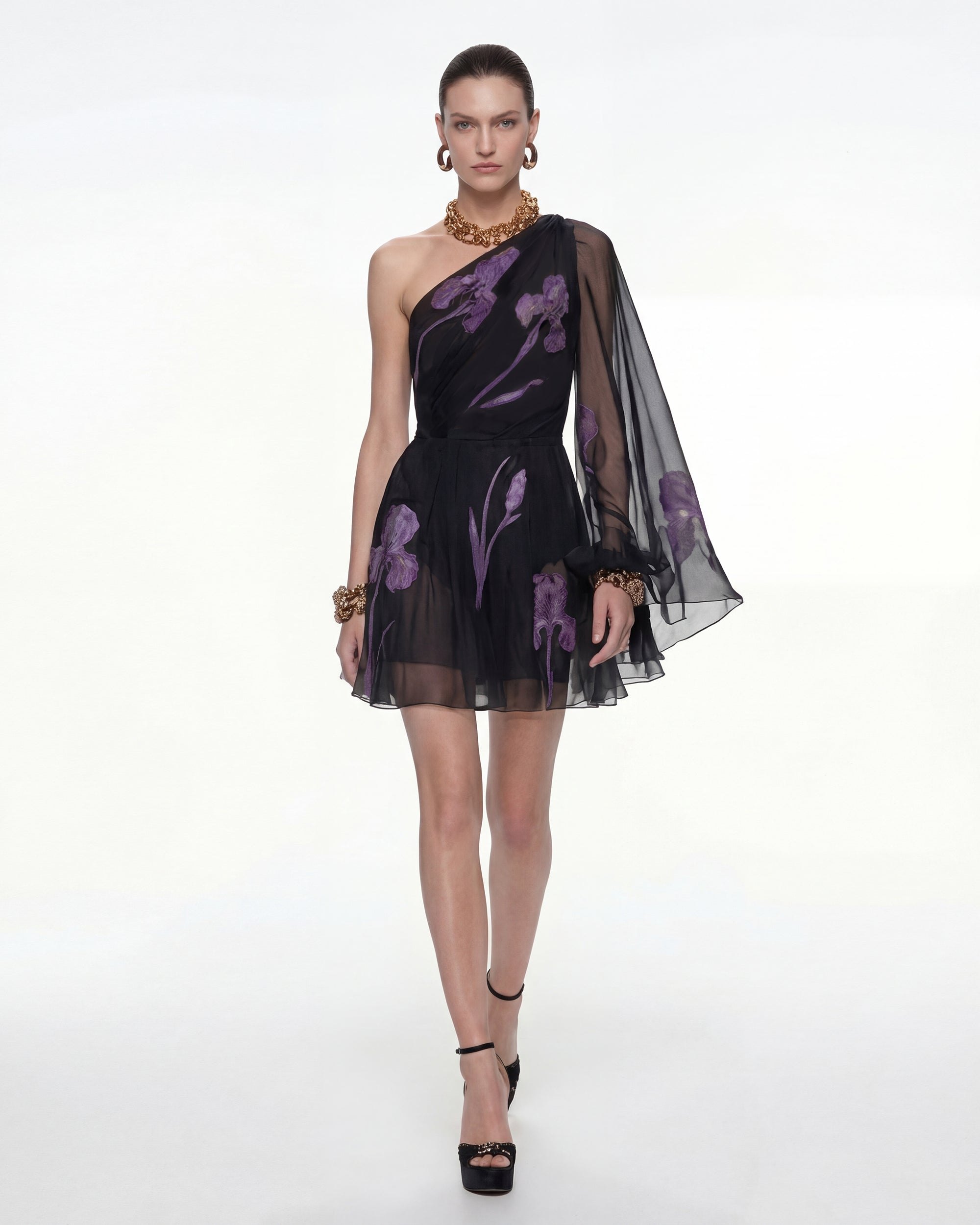 Robe fleurie en mesh à une épaule - Noir