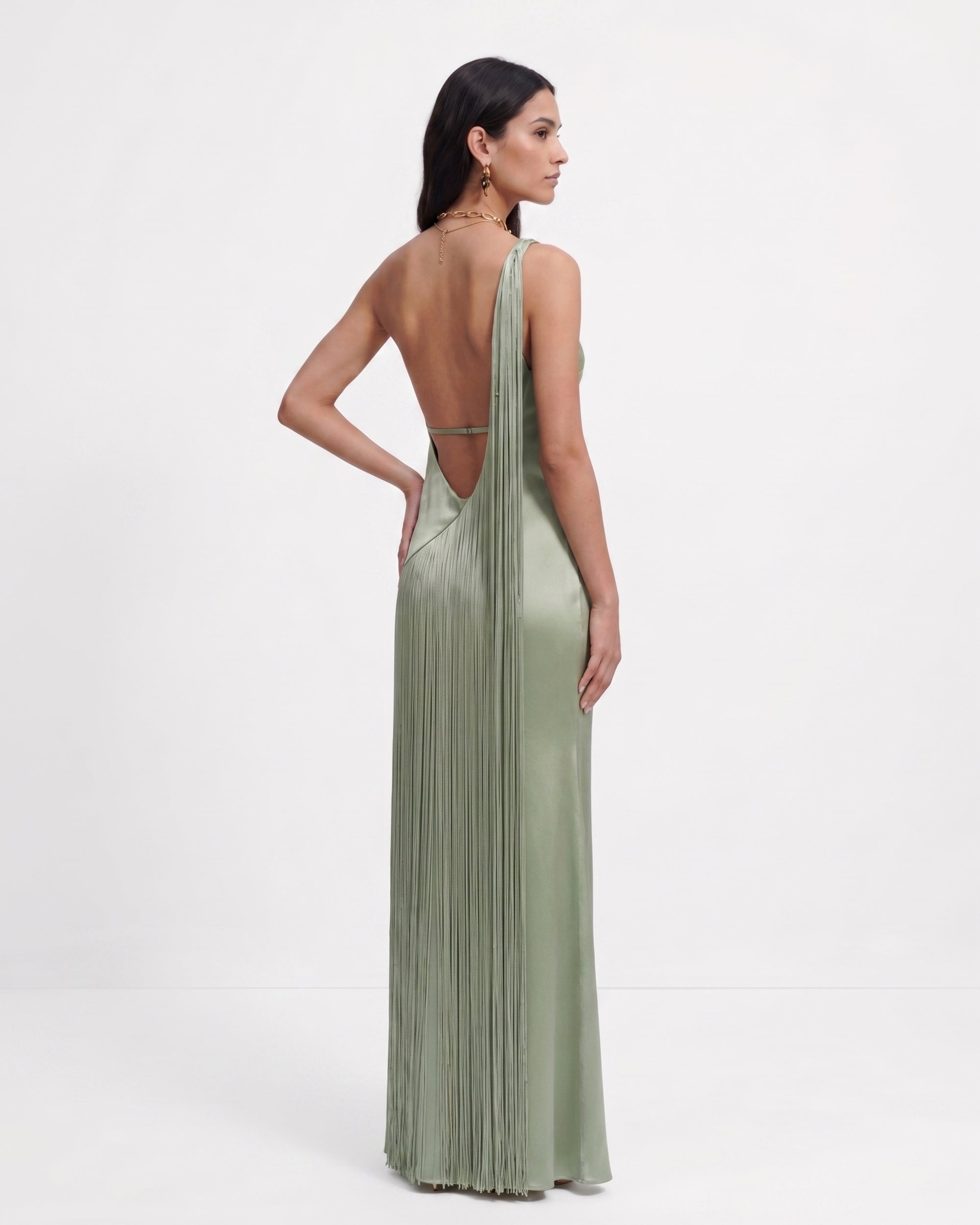Robe longue asymétrique à franges - Vert sauge
