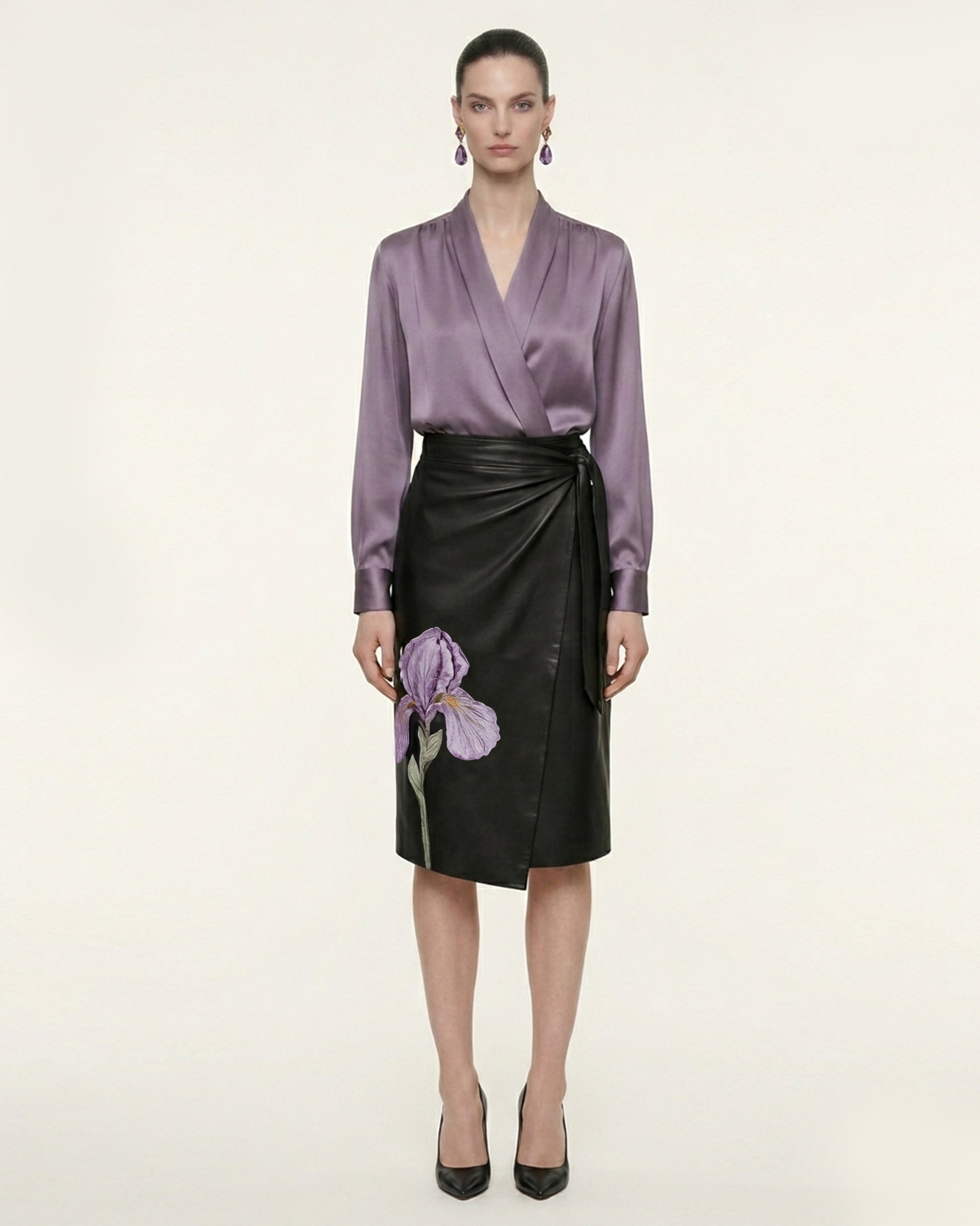 Blouse à manches longues en satin à col en V cache-cœur - Mauve poudré