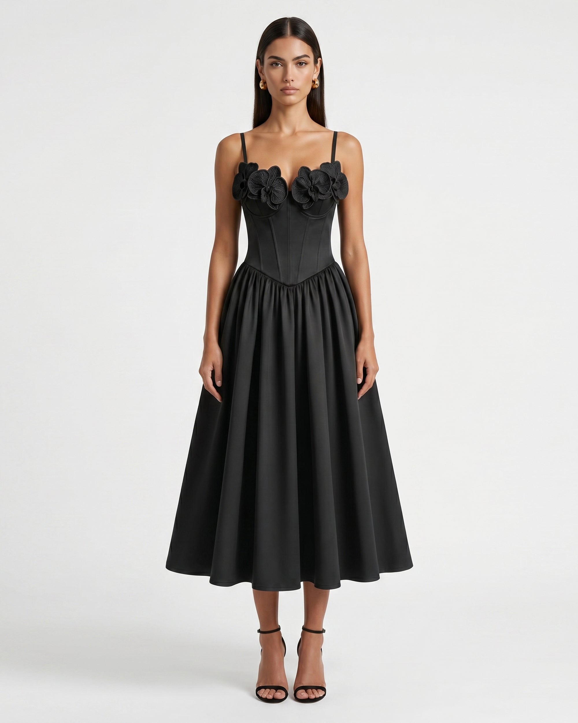 Robe longue corset à appliqué brodé orchidée - Noir
