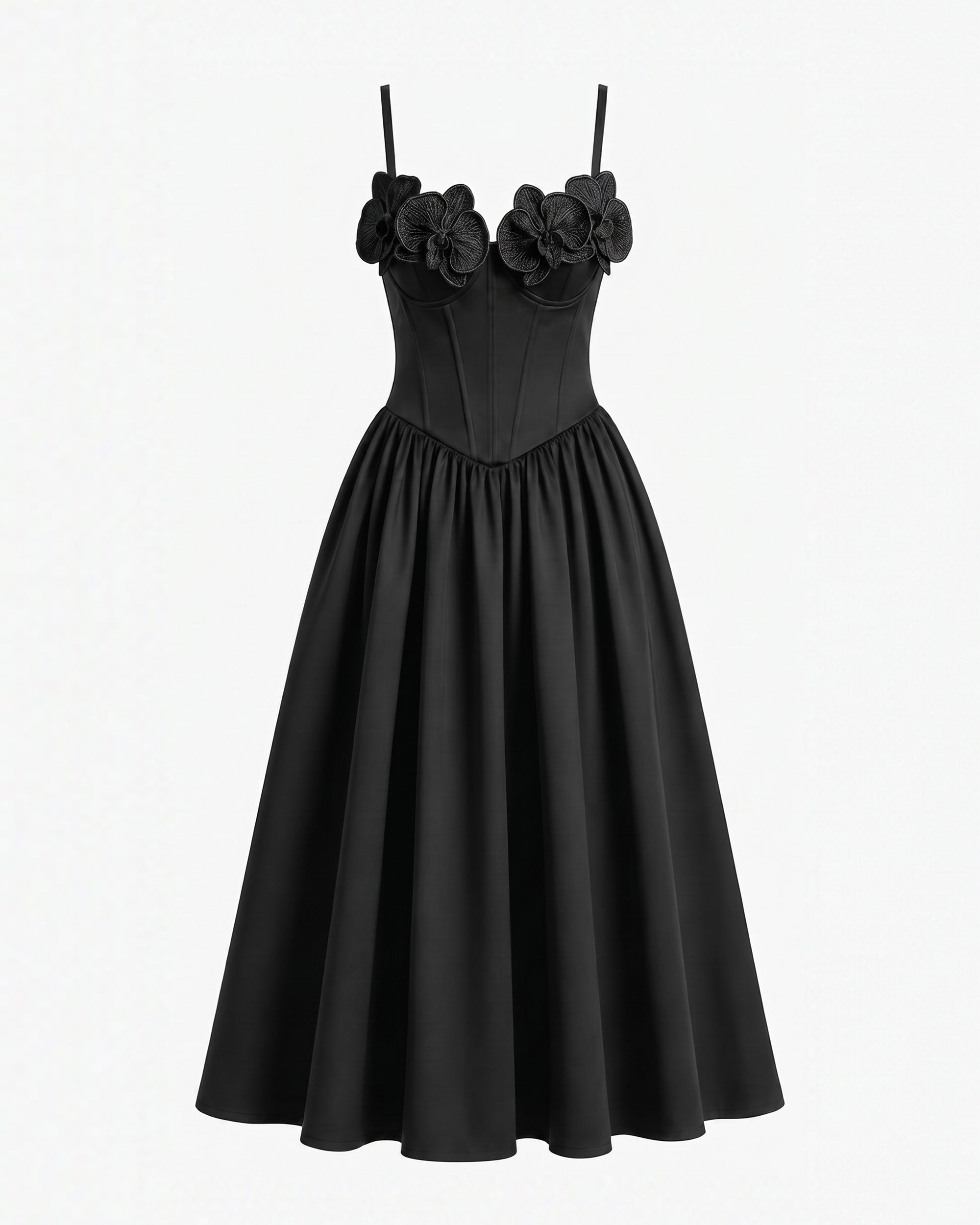 Robe longue corset à appliqué brodé orchidée - Noir