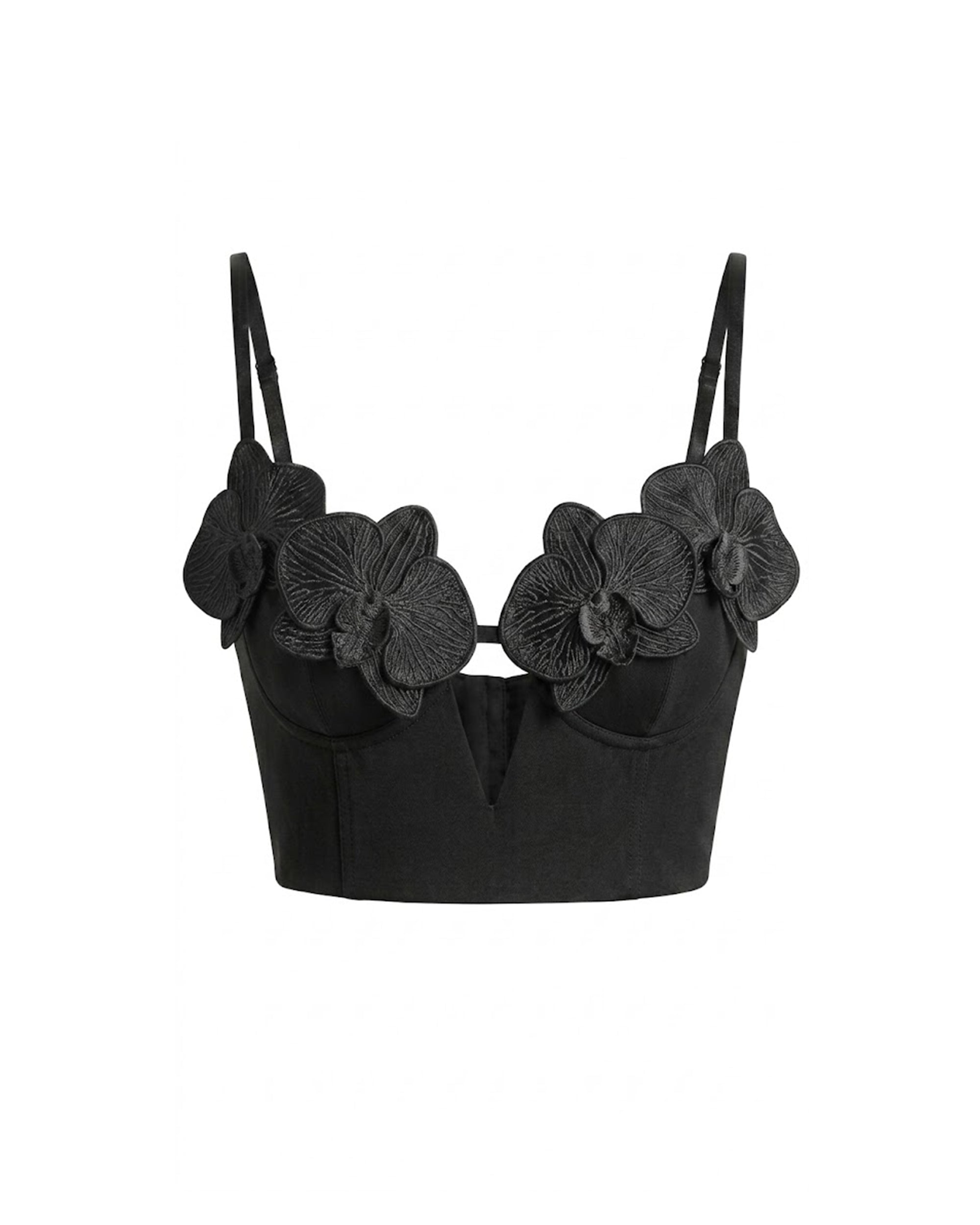 Haut bustier corset à appliqué brodé orchidée - Noir