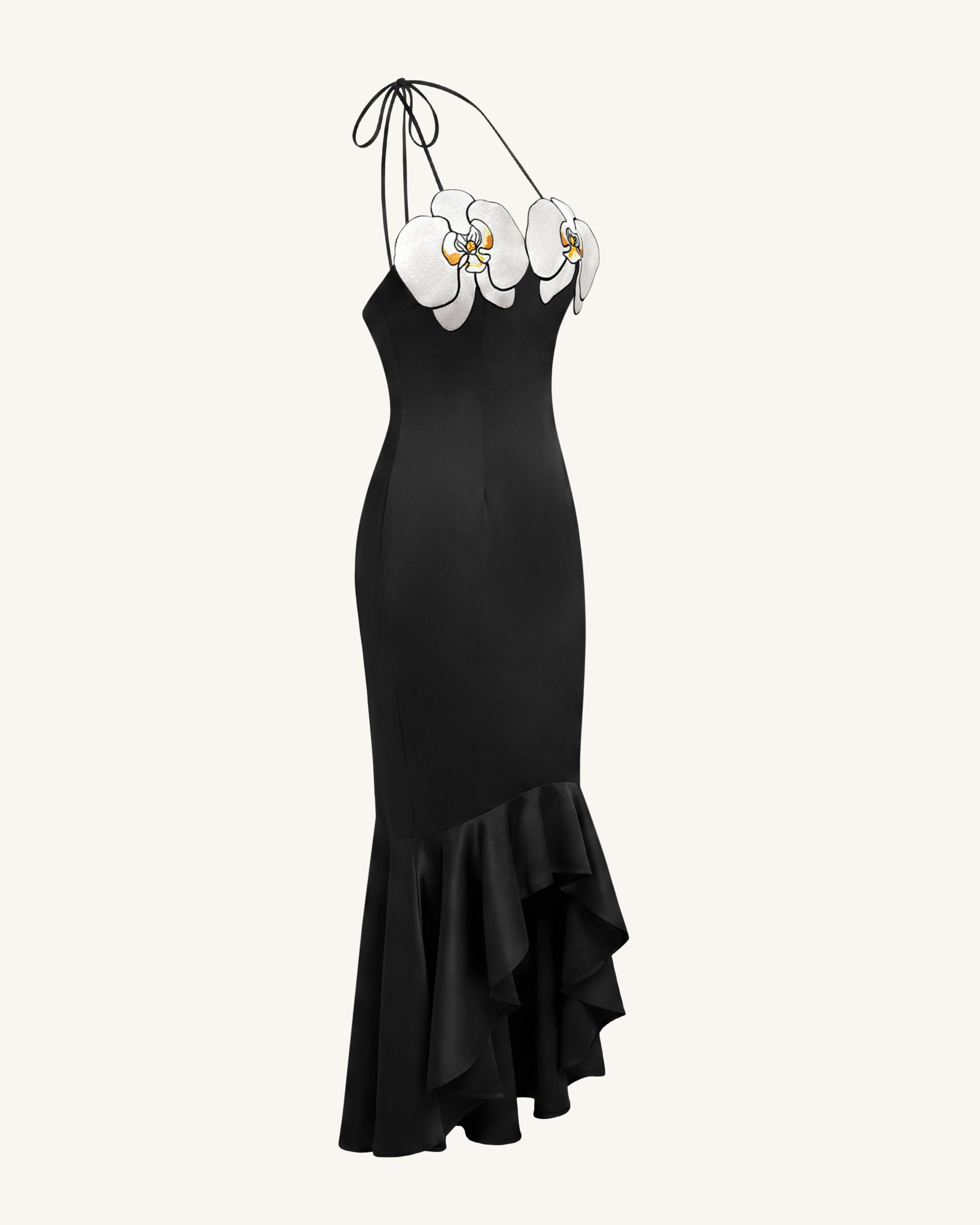 Robe midi asymétrique à broderies orchidées - Noir