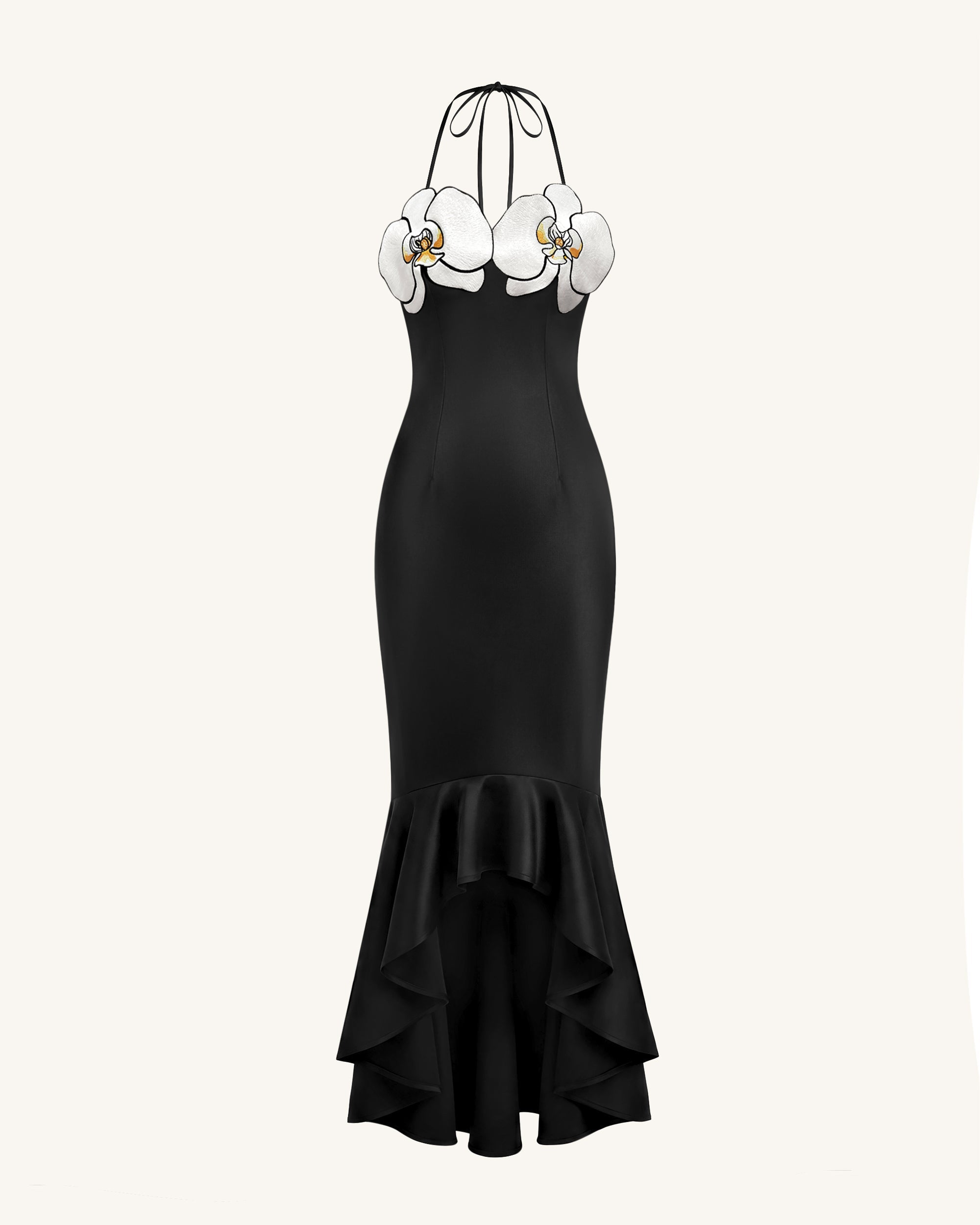 Robe midi asymétrique à broderies orchidées - Noir