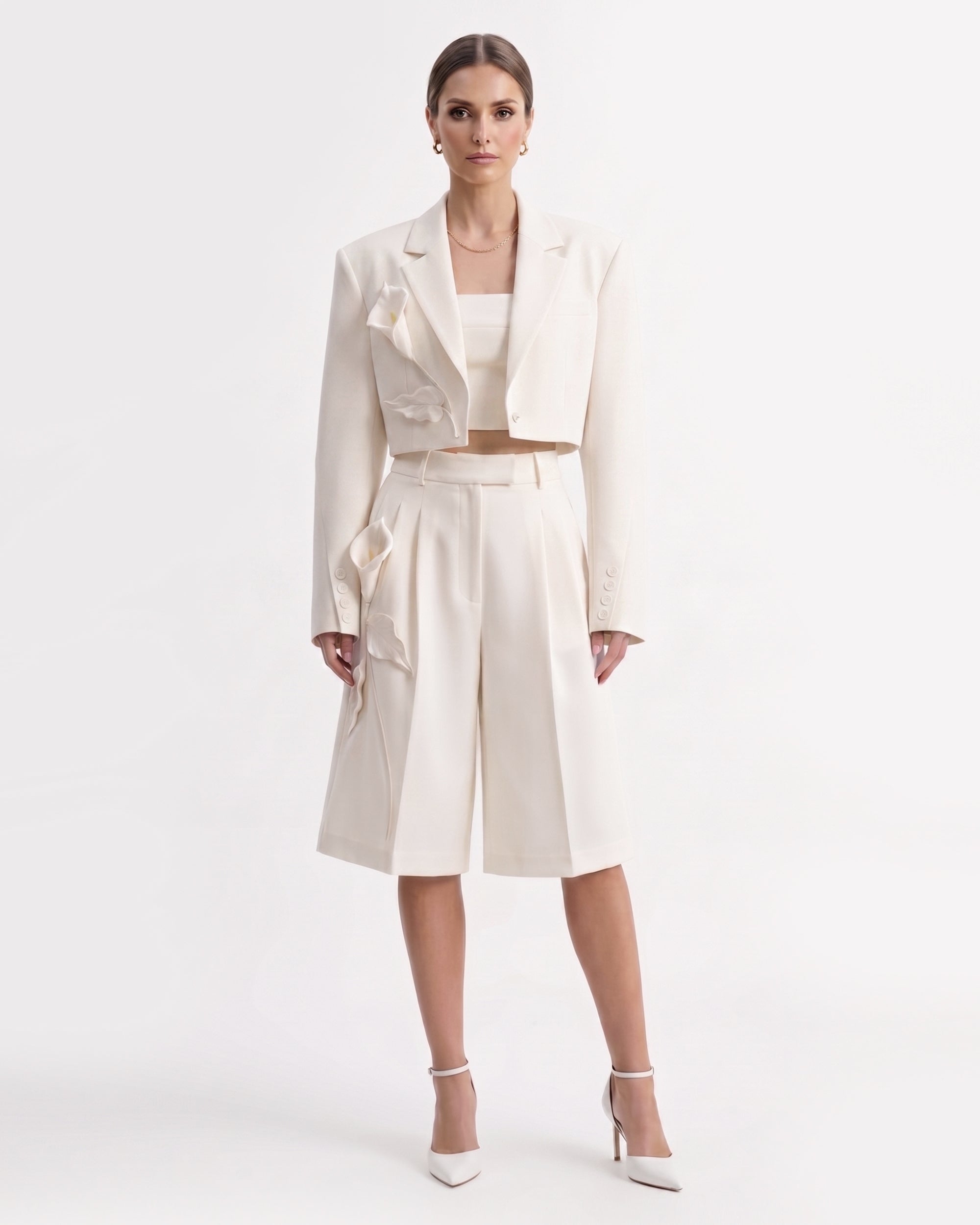 Blazer court à appliqués floraux - Blanc