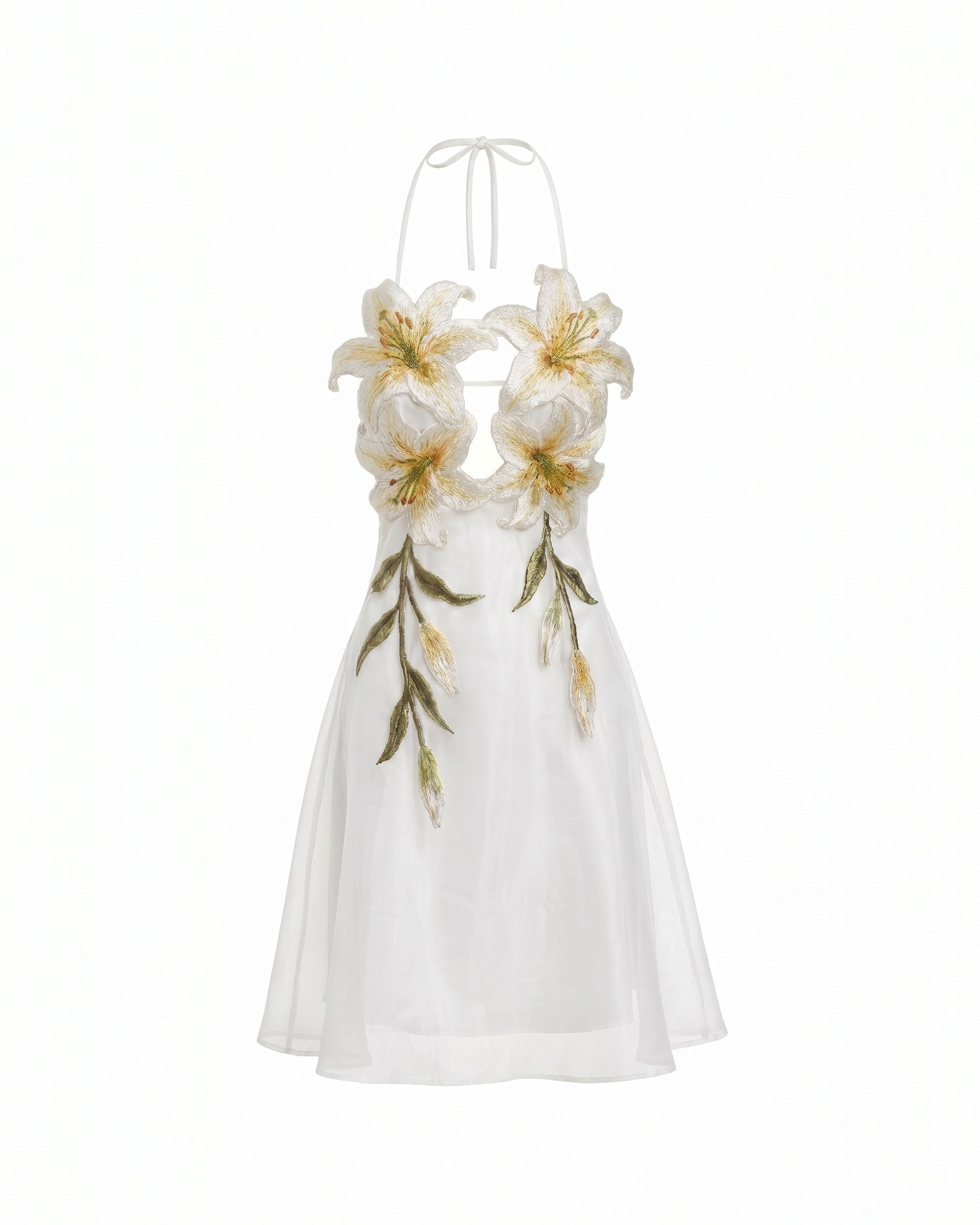 Robe courte dos nu brodée de lys - Blanc