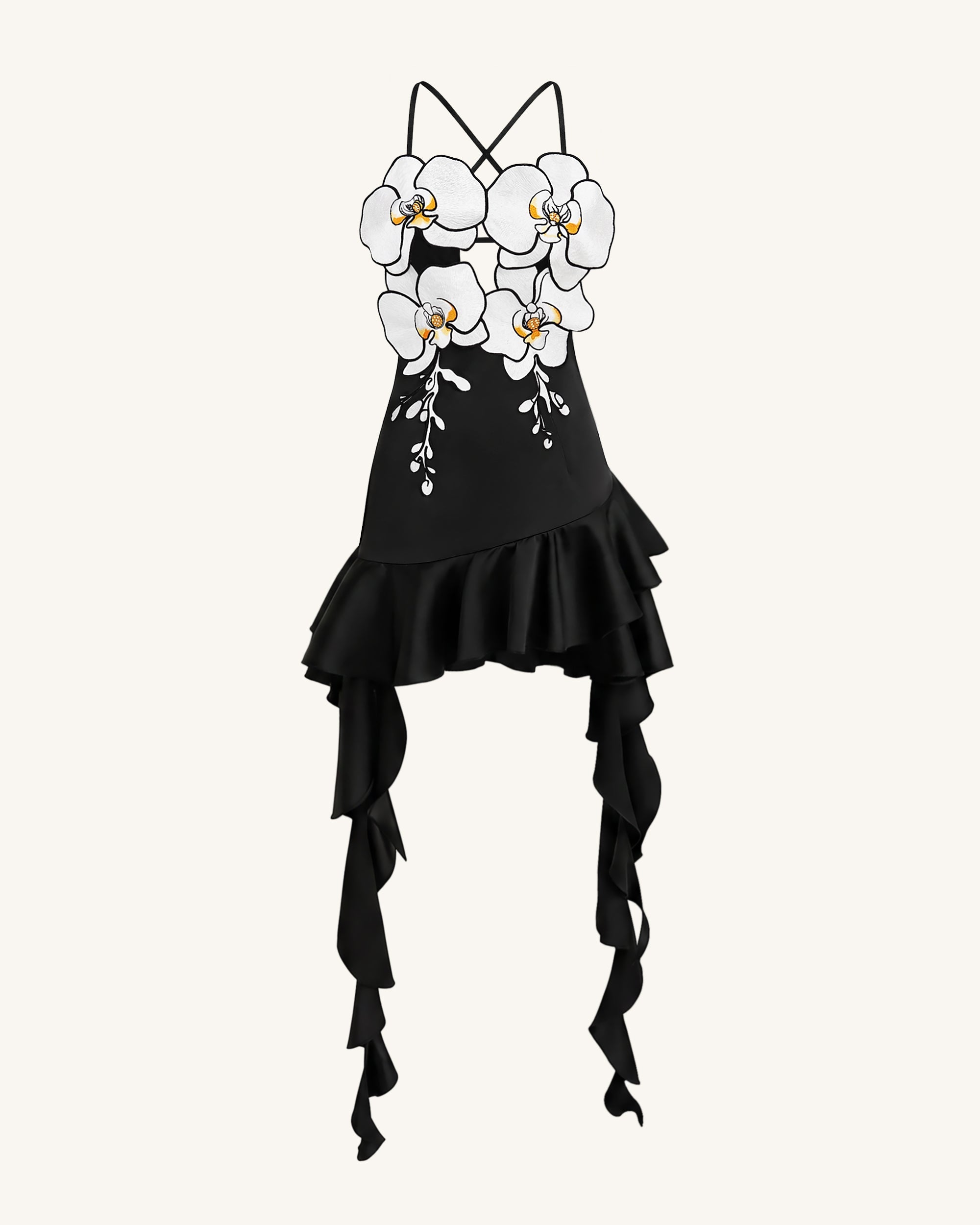 Mini-robe à volants et broderies orchidées - Noir
