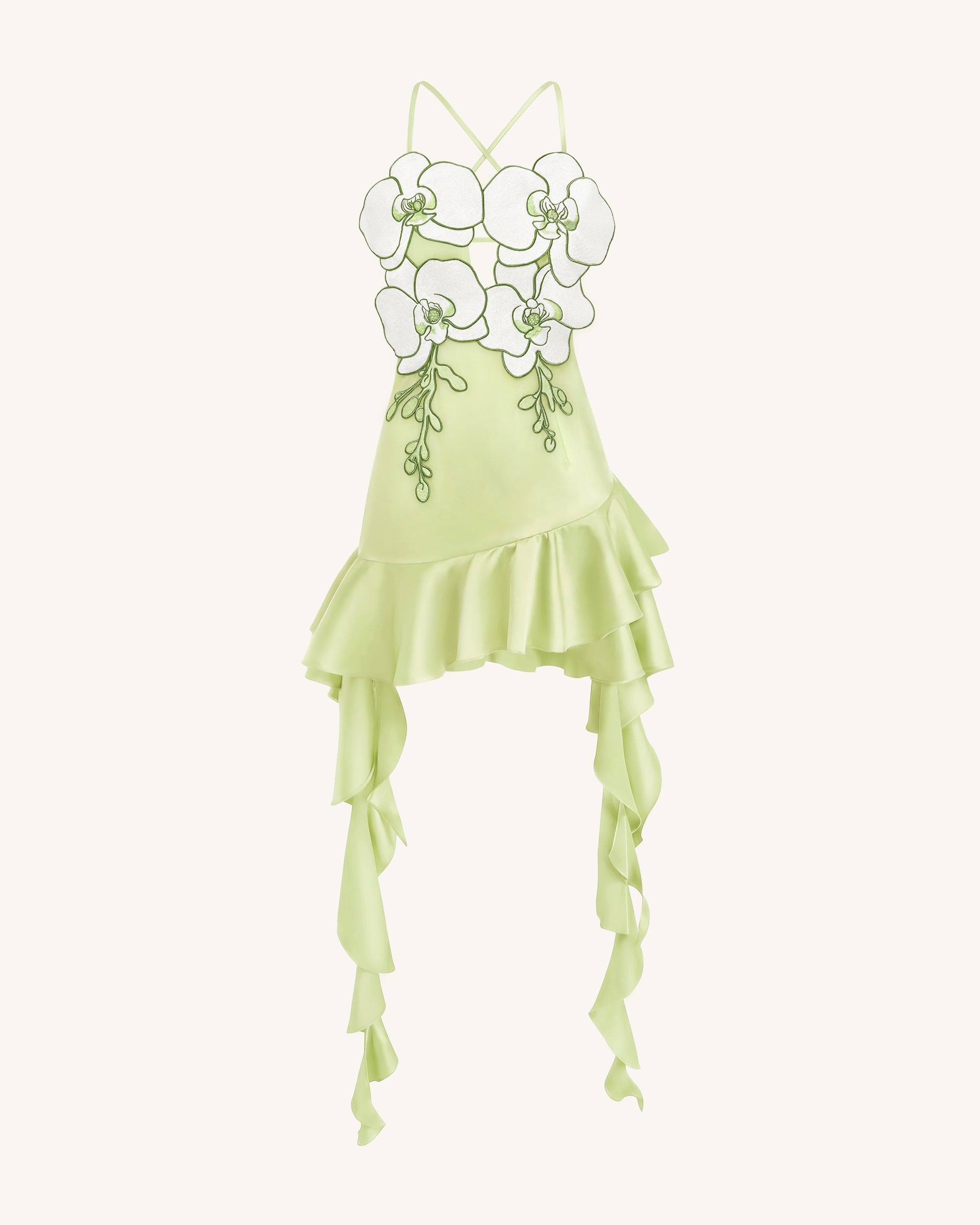 Mini-robe à volants et broderies orchidées - Vert clair