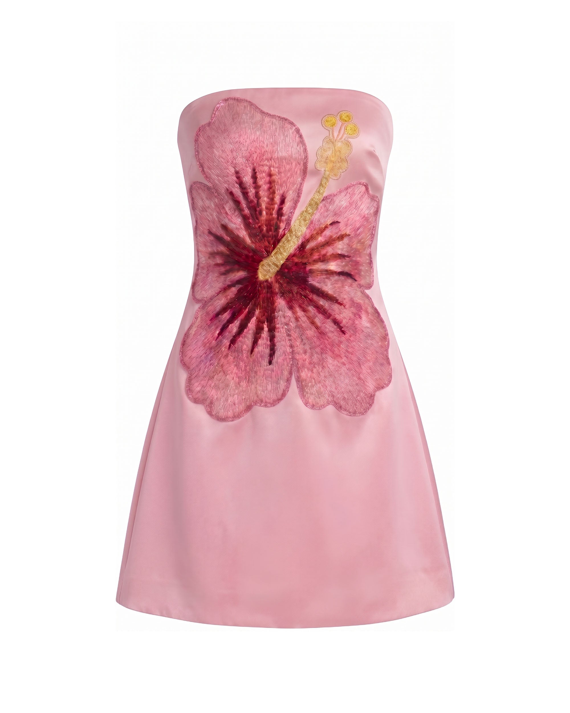 Robe courte bandeau brodée d'hibiscus - Rose