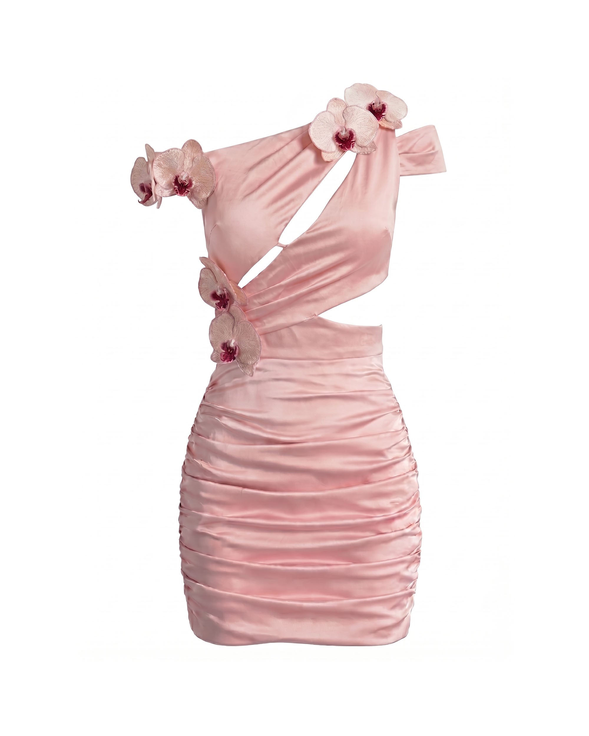 Robe courte froncée à découpes brodée d'orchidées - Rose poudré