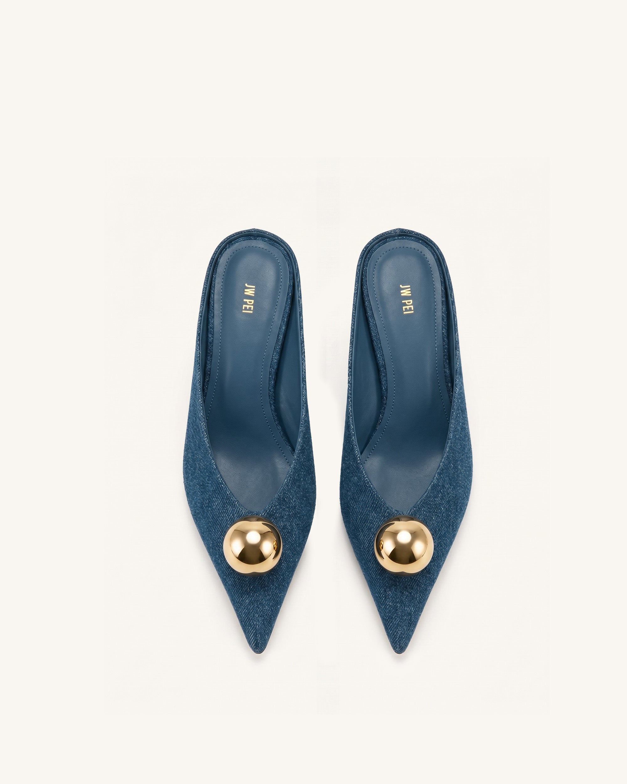 Helena Mules à bout pointu et sphère dorée - Bleu jean