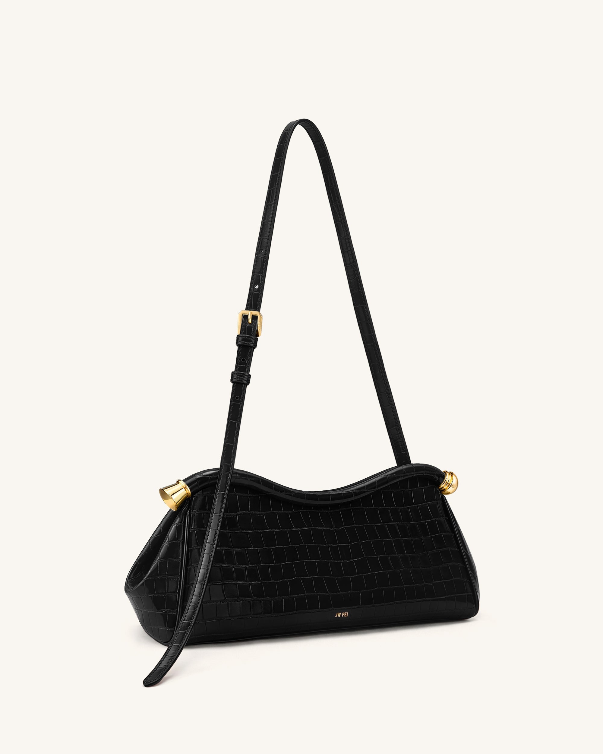 Naomi Sac à Bandoulière Incurvé - Croco Noir