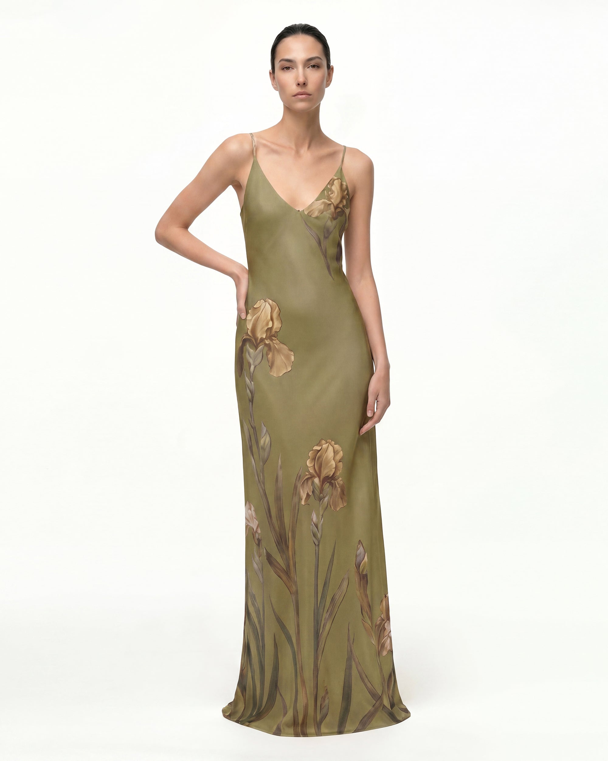 Iris Robe nuisette en satin à motifs - Vert olive