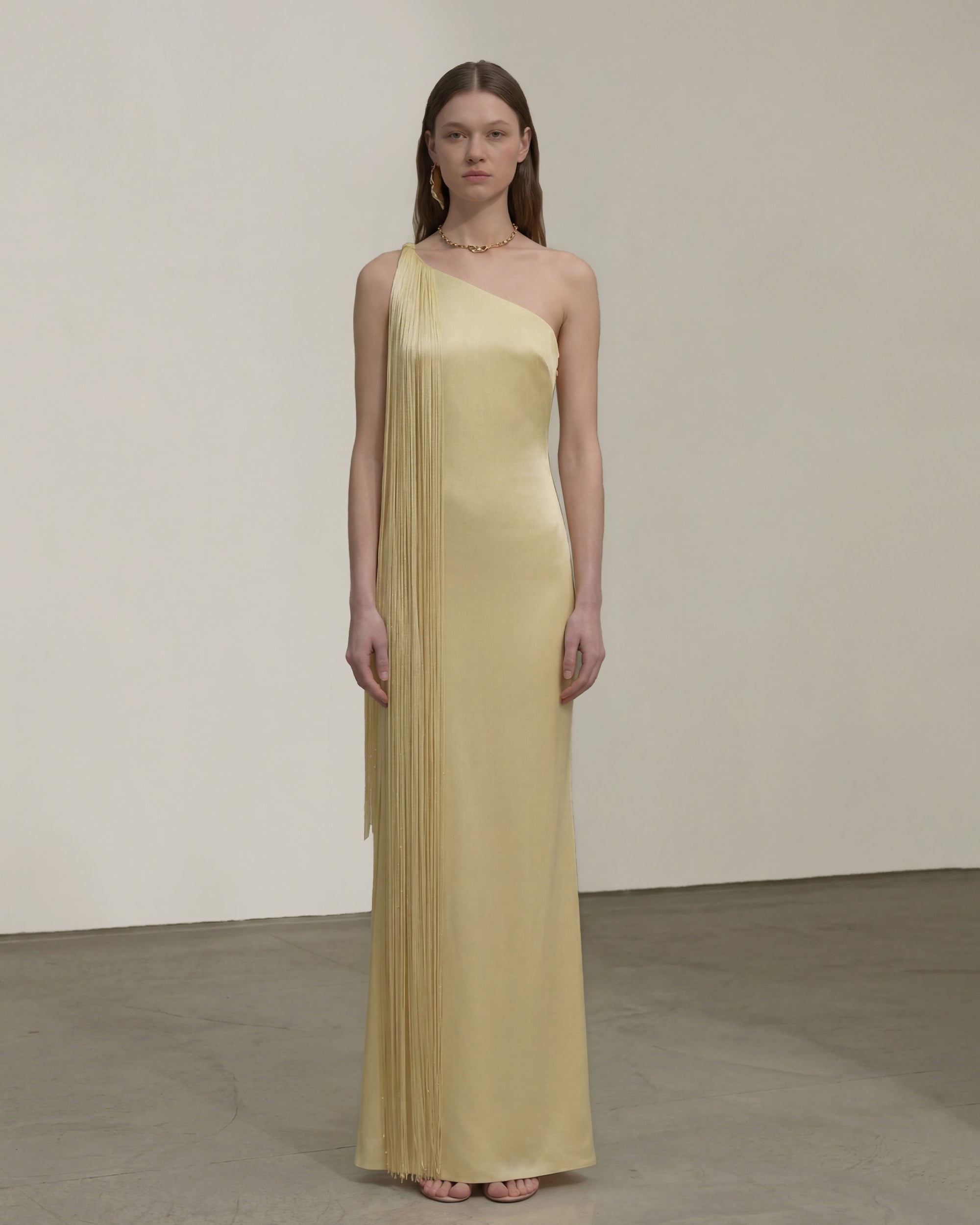 Robe longue asymétrique à franges - Champagne