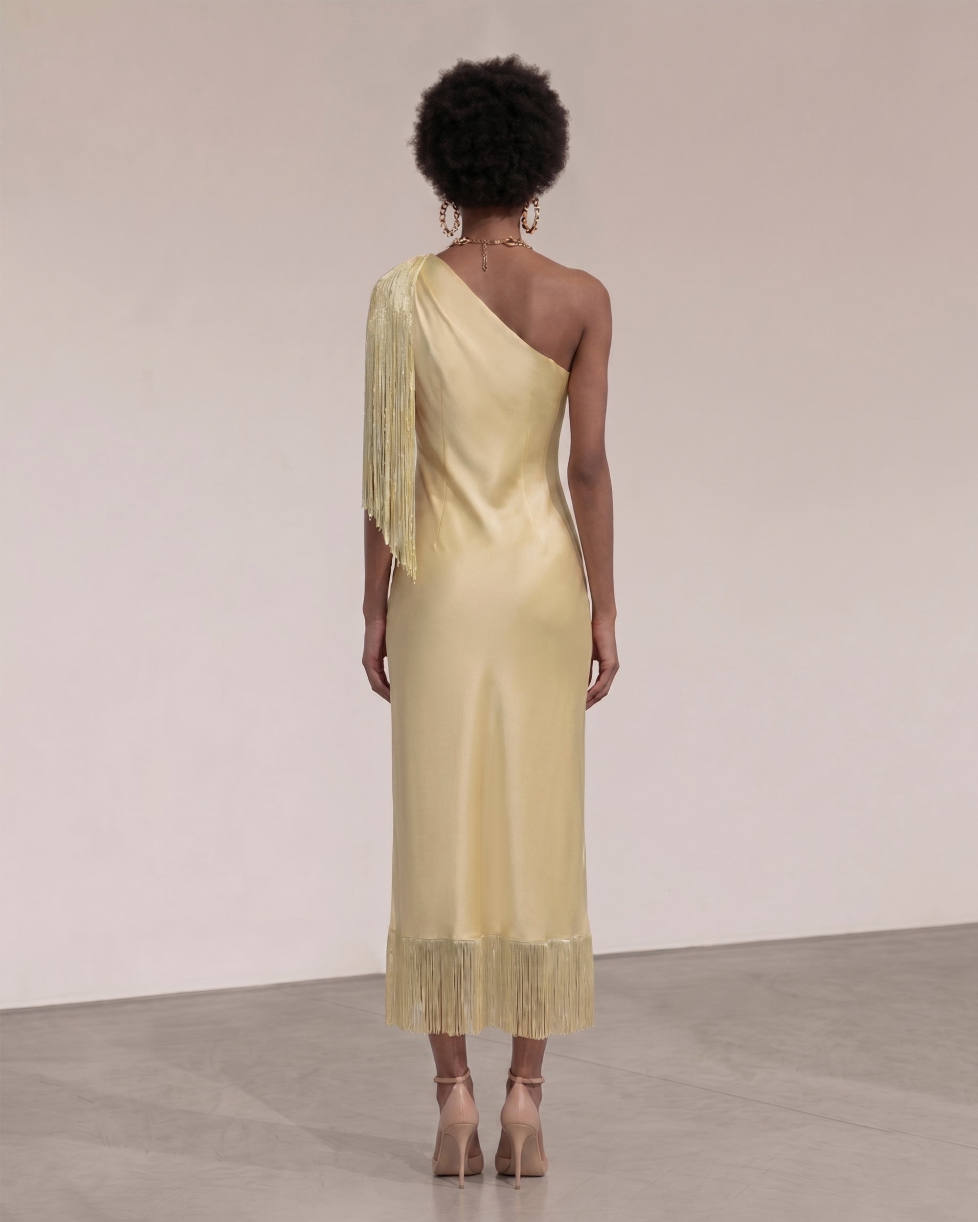 Robe midi asymétrique à franges - Champagne